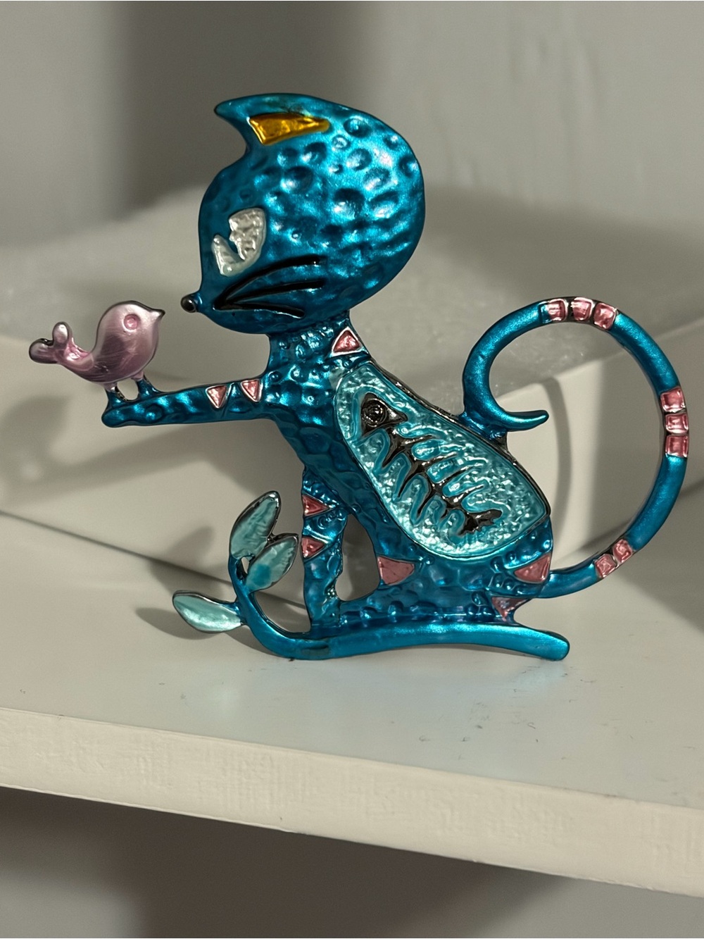 Teal Enamel Cat Brooch with Pink Bird Accent - Picture 3 of 5